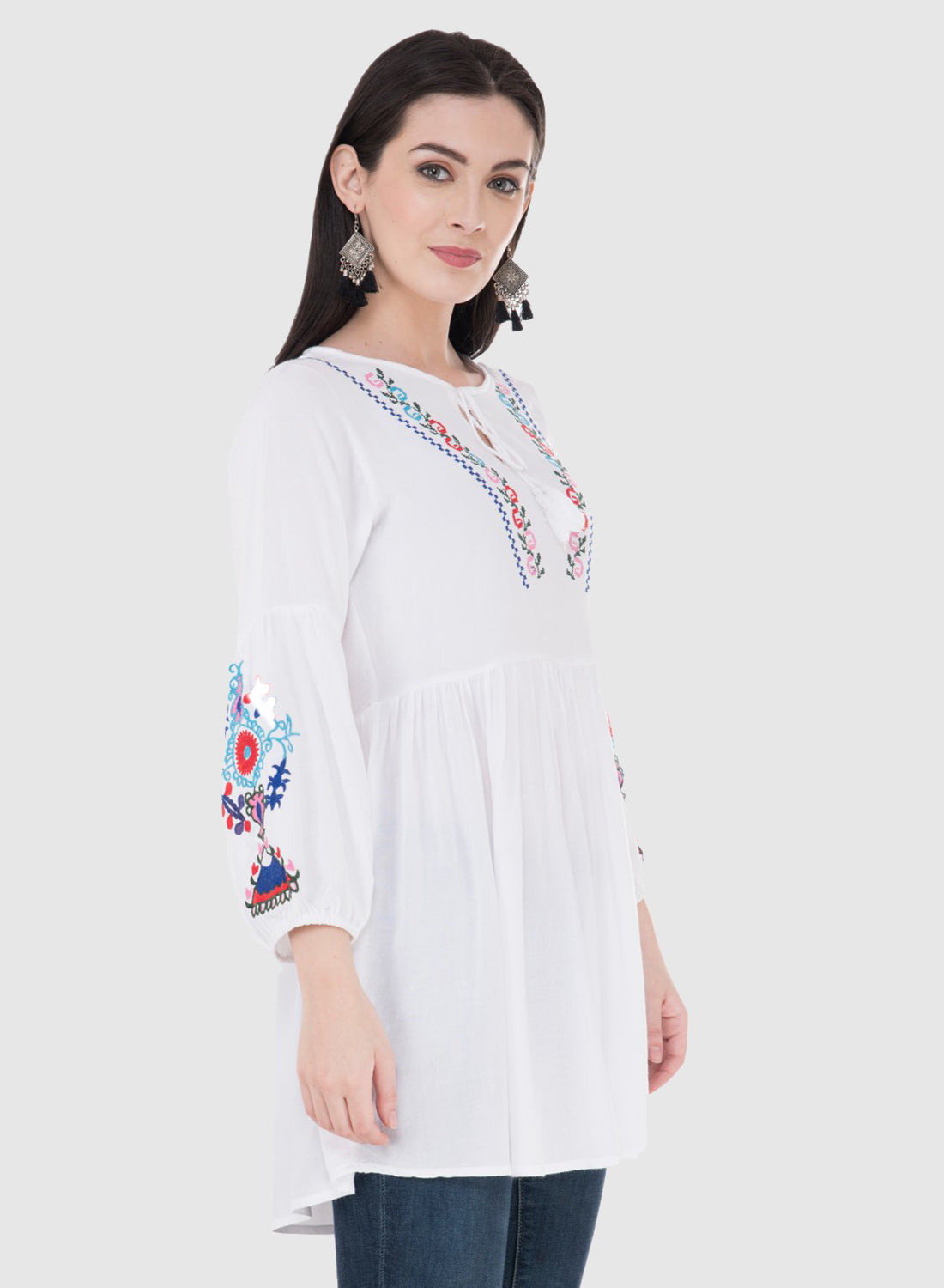 Women Top White Rayon Tunic Casual Puff Sleeve