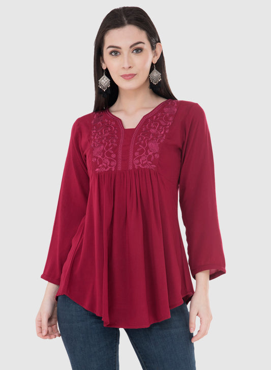 Women Top Maroon Rayon Casual Regular Fit and Flare 3/4 Sleeve