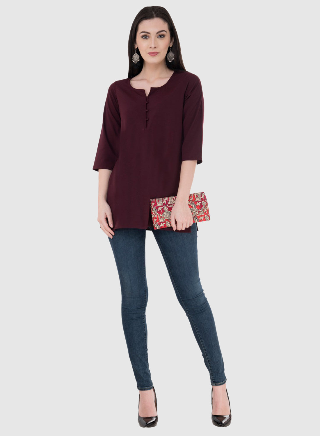 Women Top Wine Brown Rayon Casual Regular Fit Sleeves 3/4 Solid