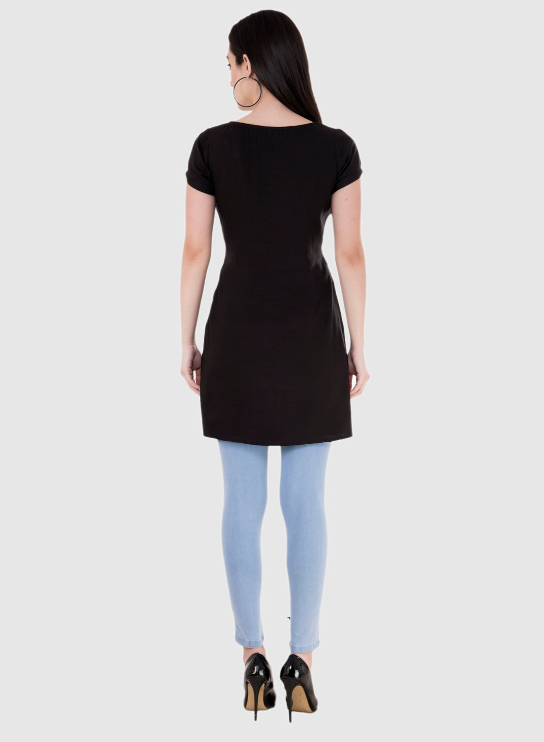 Women Top Black Rayon Tunic Casual Regular Fit Half Sleeves