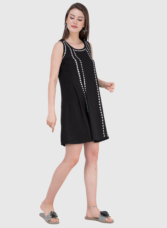Women Dress Black Rayon Midi Aline Fit and Flare