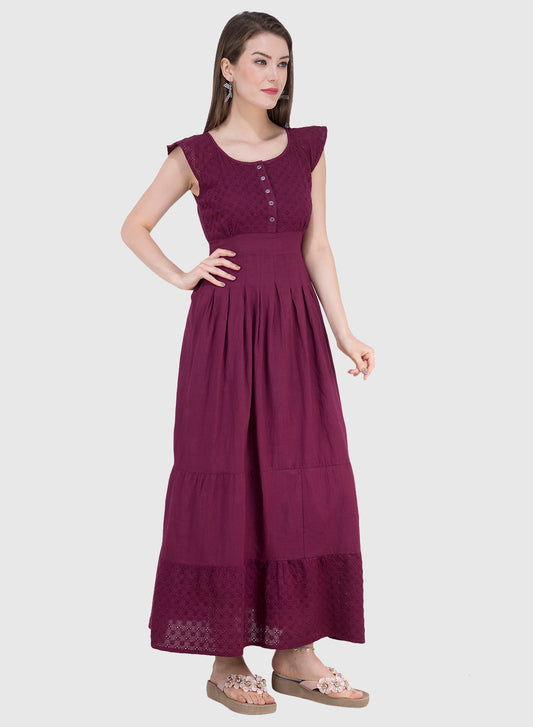 Women Dress Wine Brown Aline Cotton Long Caps Sleeve