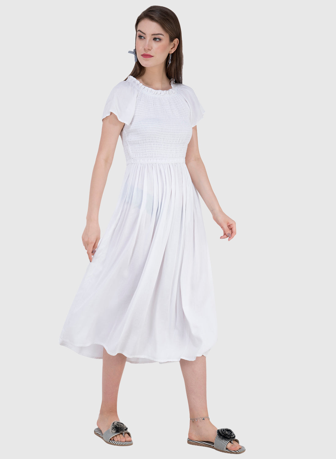 Women Dress White Aline Rayon Midi