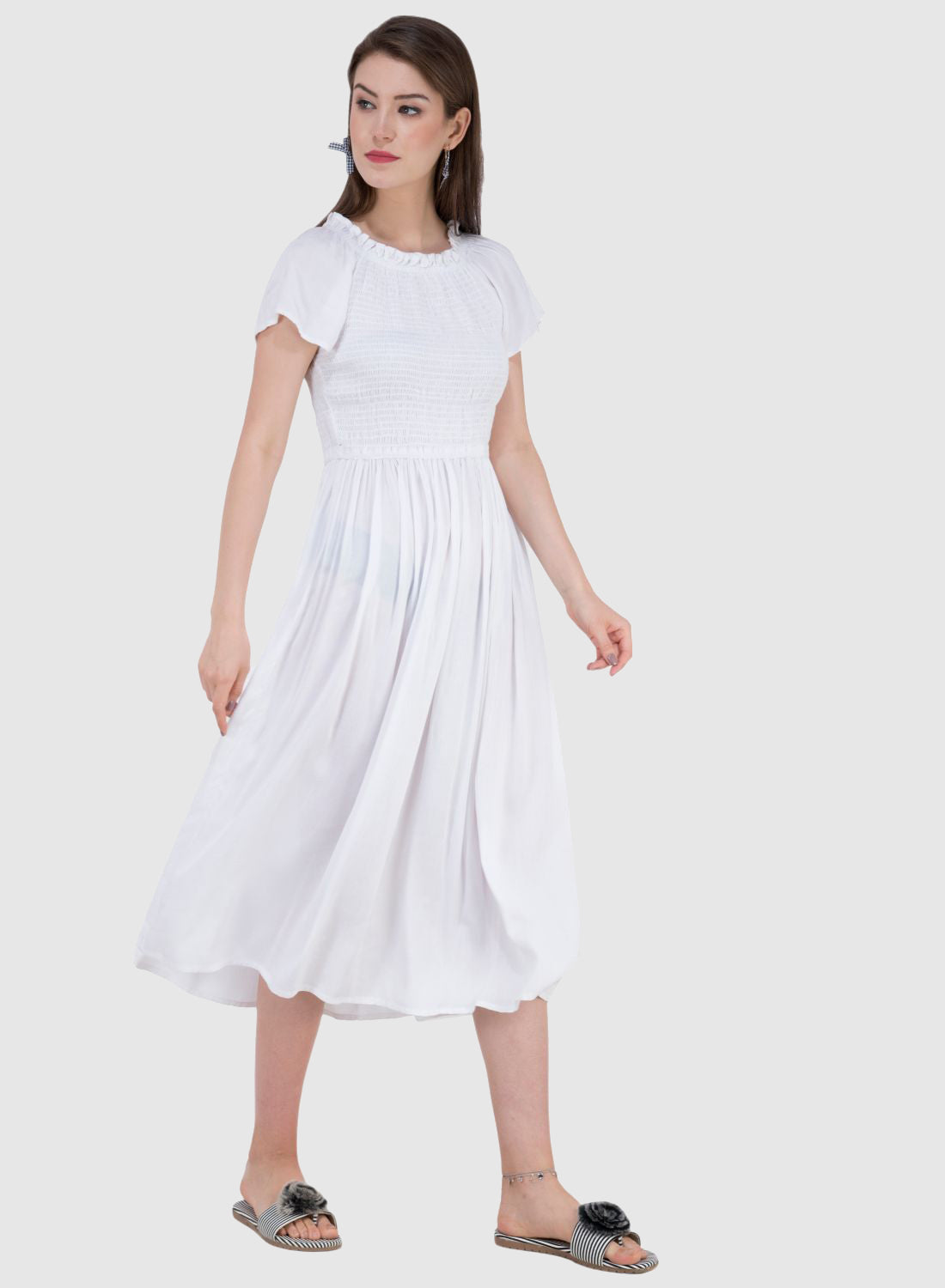 Women Dress White Aline Rayon Midi