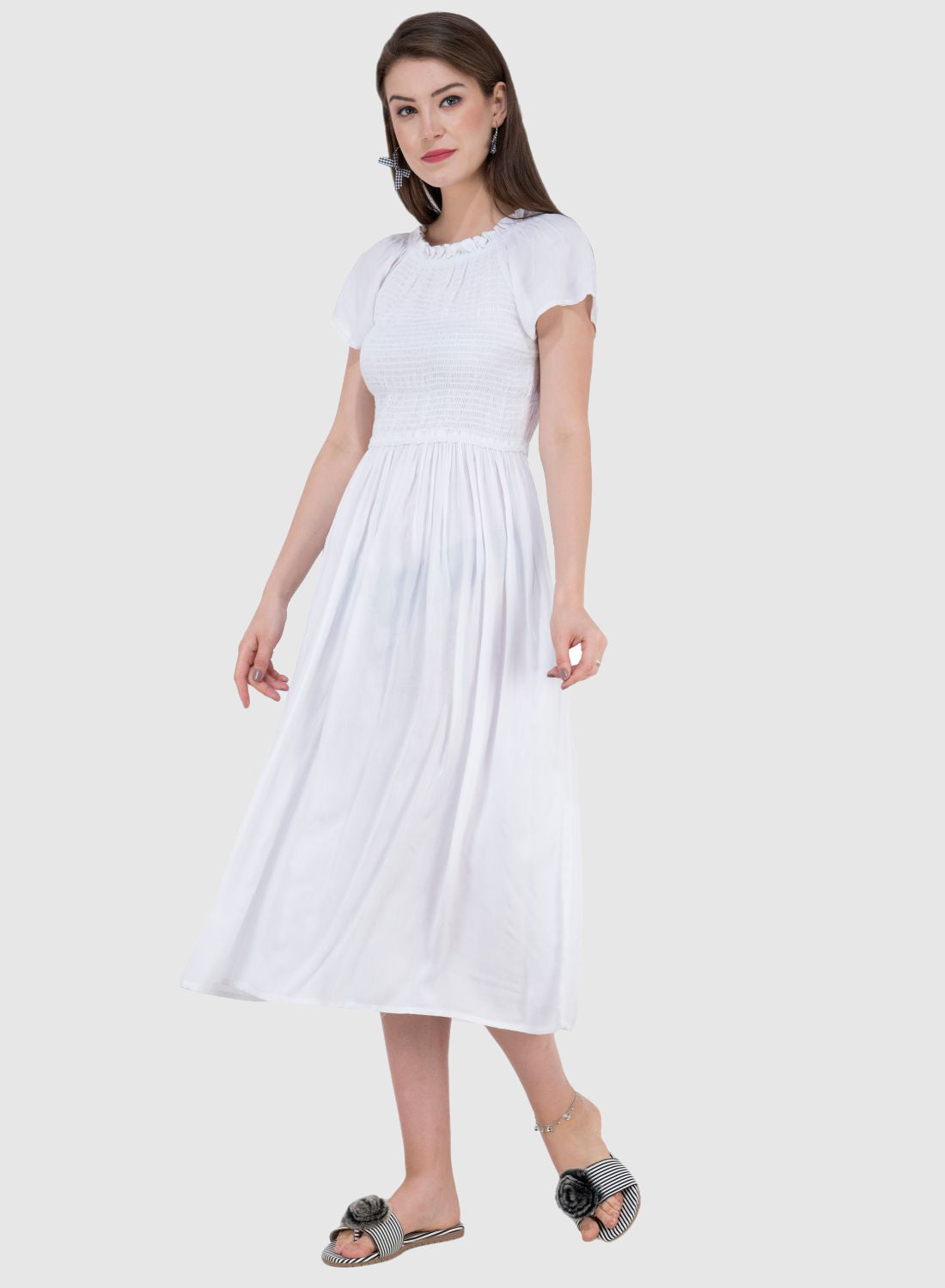 Women Dress White Aline Rayon Midi