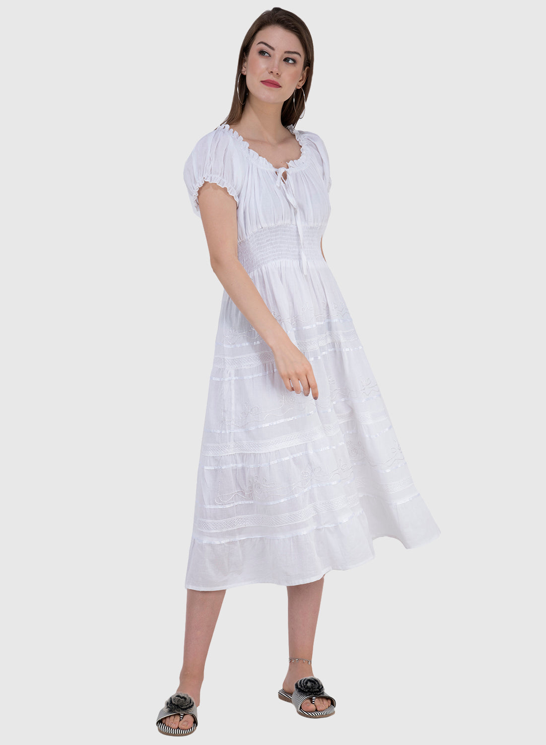 Women Dress White Fit and Flare Cotton Midi