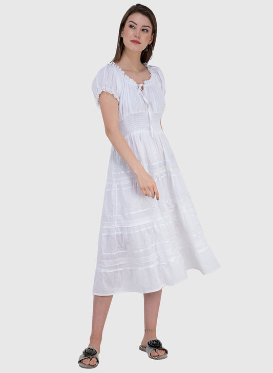 Women Dress White Fit and Flare Cotton Midi