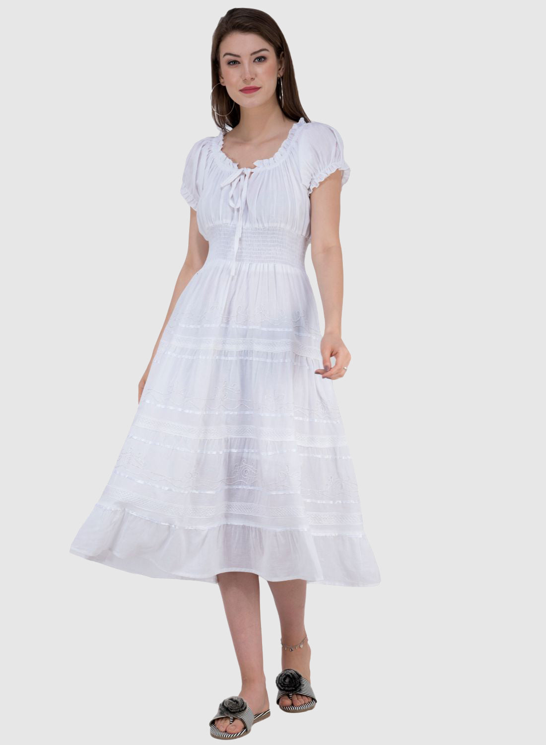 Women Dress White Fit and Flare Cotton Midi