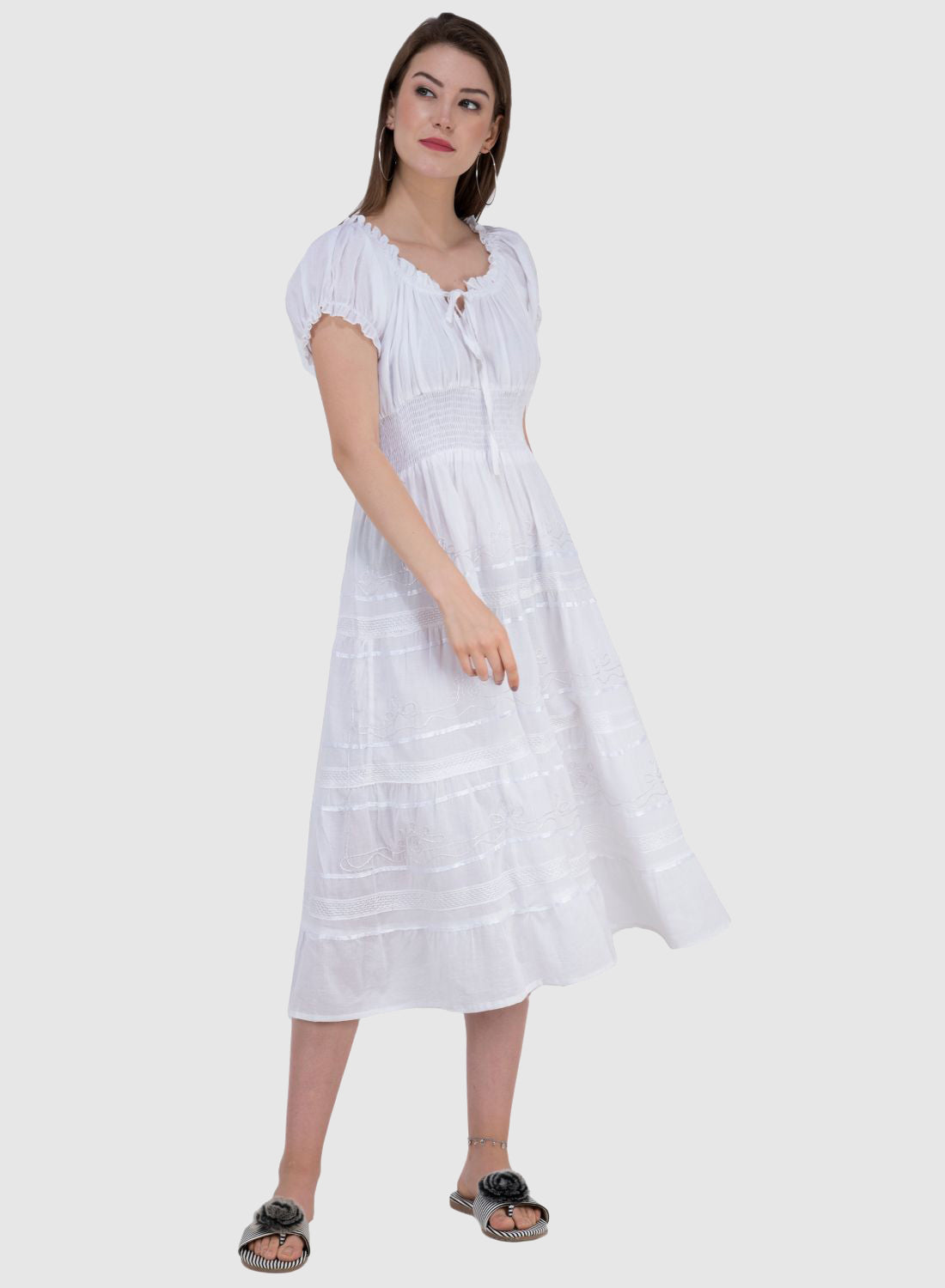 Women Dress White Fit and Flare Cotton Midi