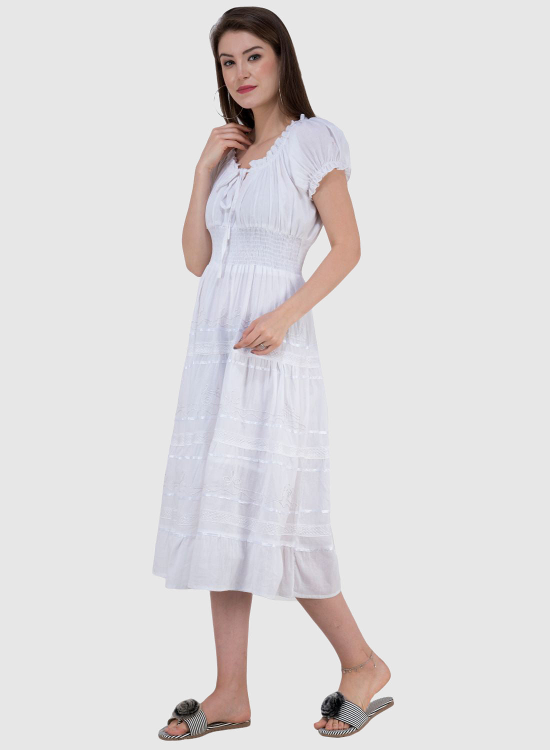 Women Dress White Fit and Flare Cotton Midi