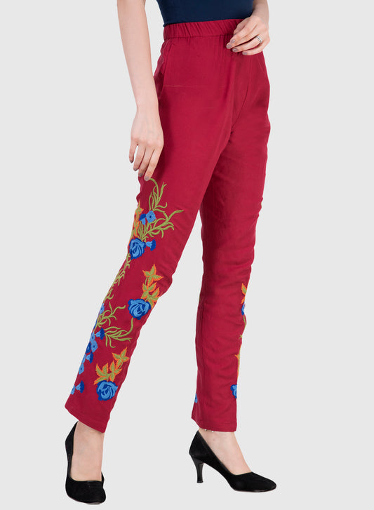 Women Trouser Maroon Regular Fit Rayon