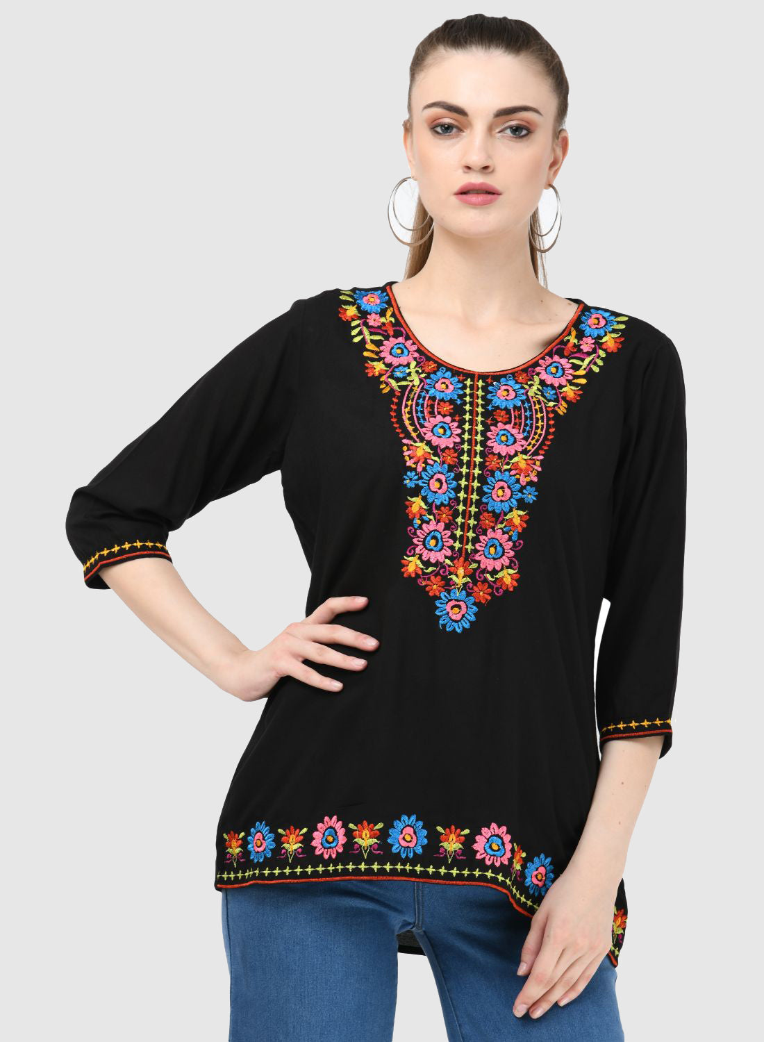 Women Top Black Casual Regular Fit 3/4 Sleeve