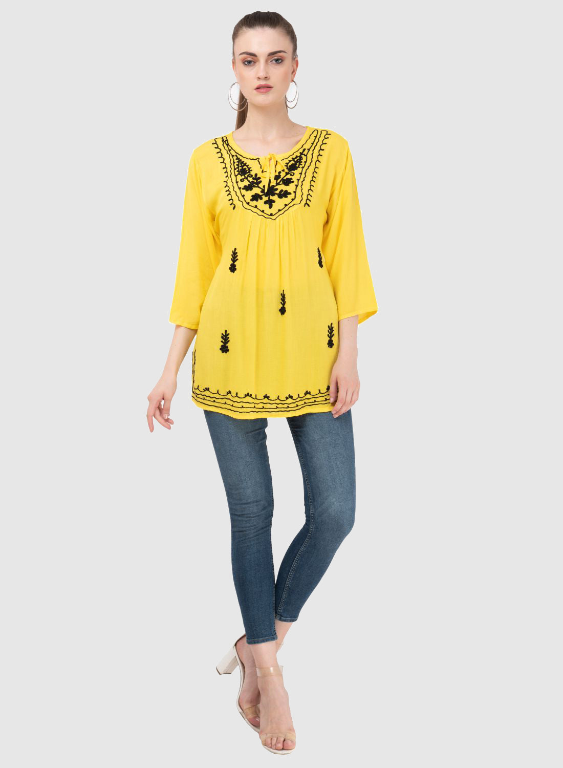Women Top Yellow Casual Regular Fit and Flare 3/4 Sleeve