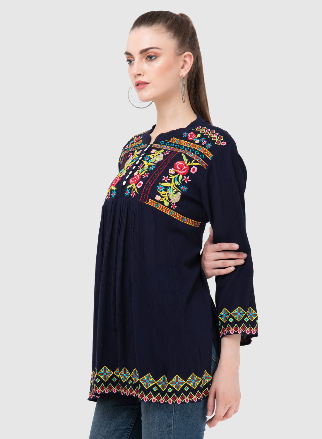 Women Top Blue Party Wear Casual Sleeve Embroidery Work