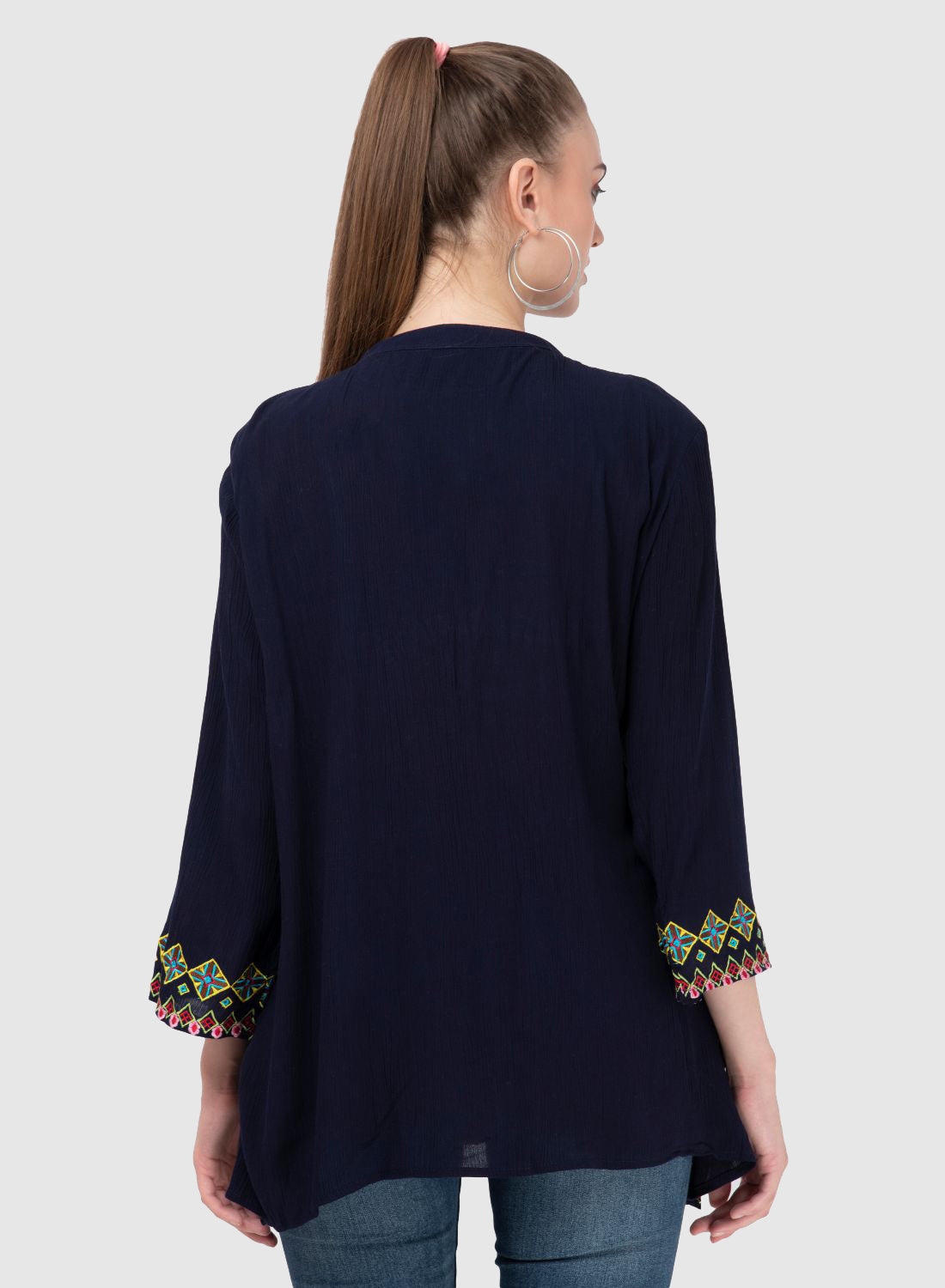 Women Top Blue Party Wear Casual Sleeve Embroidery Work