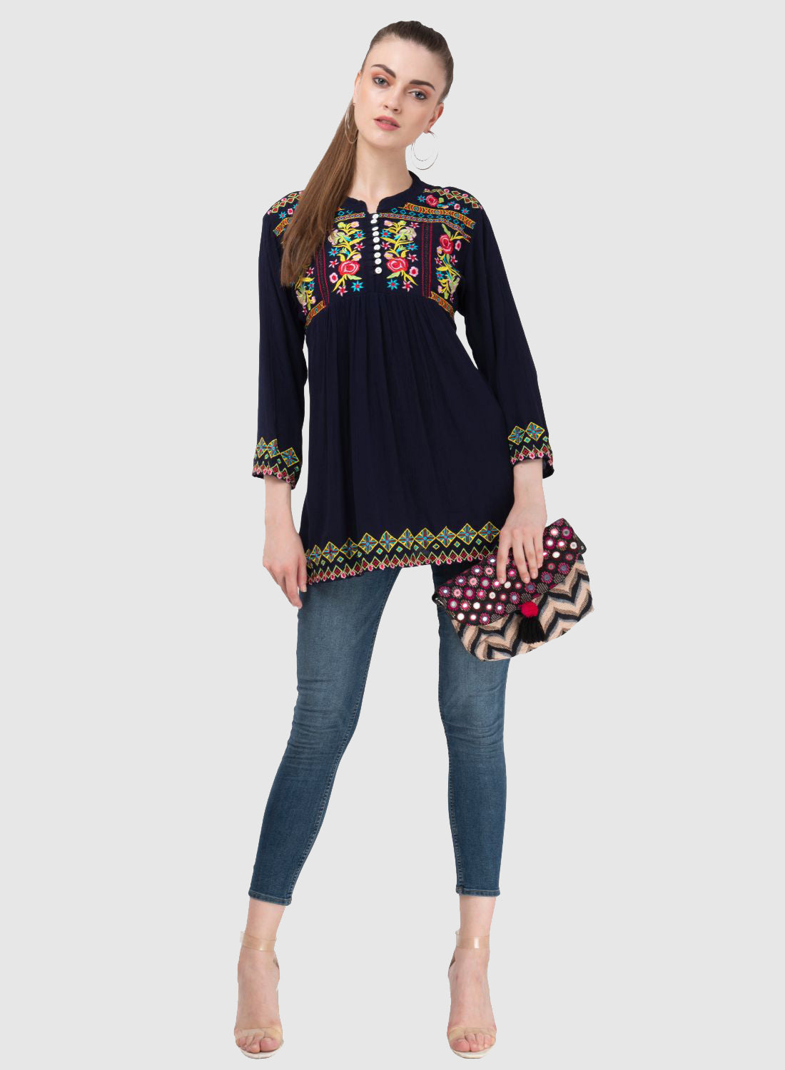 Women Top Blue Party Wear Casual Sleeve Embroidery Work