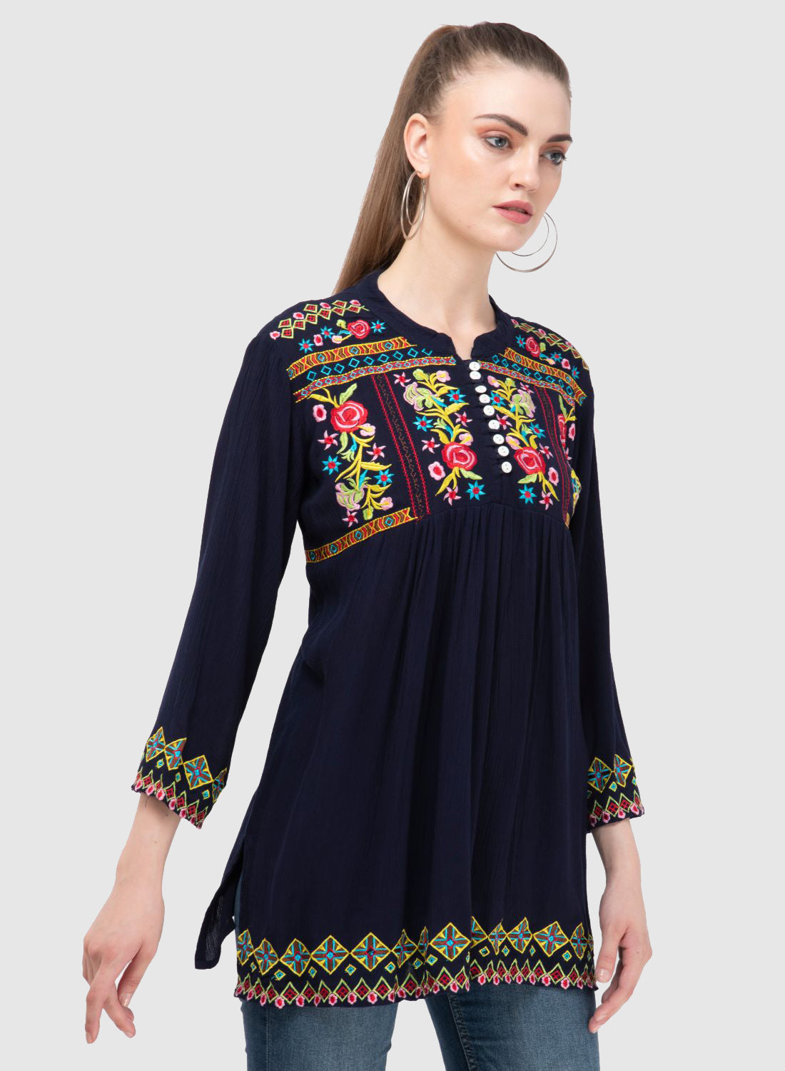 Women Top Blue Party Wear Casual Sleeve Embroidery Work