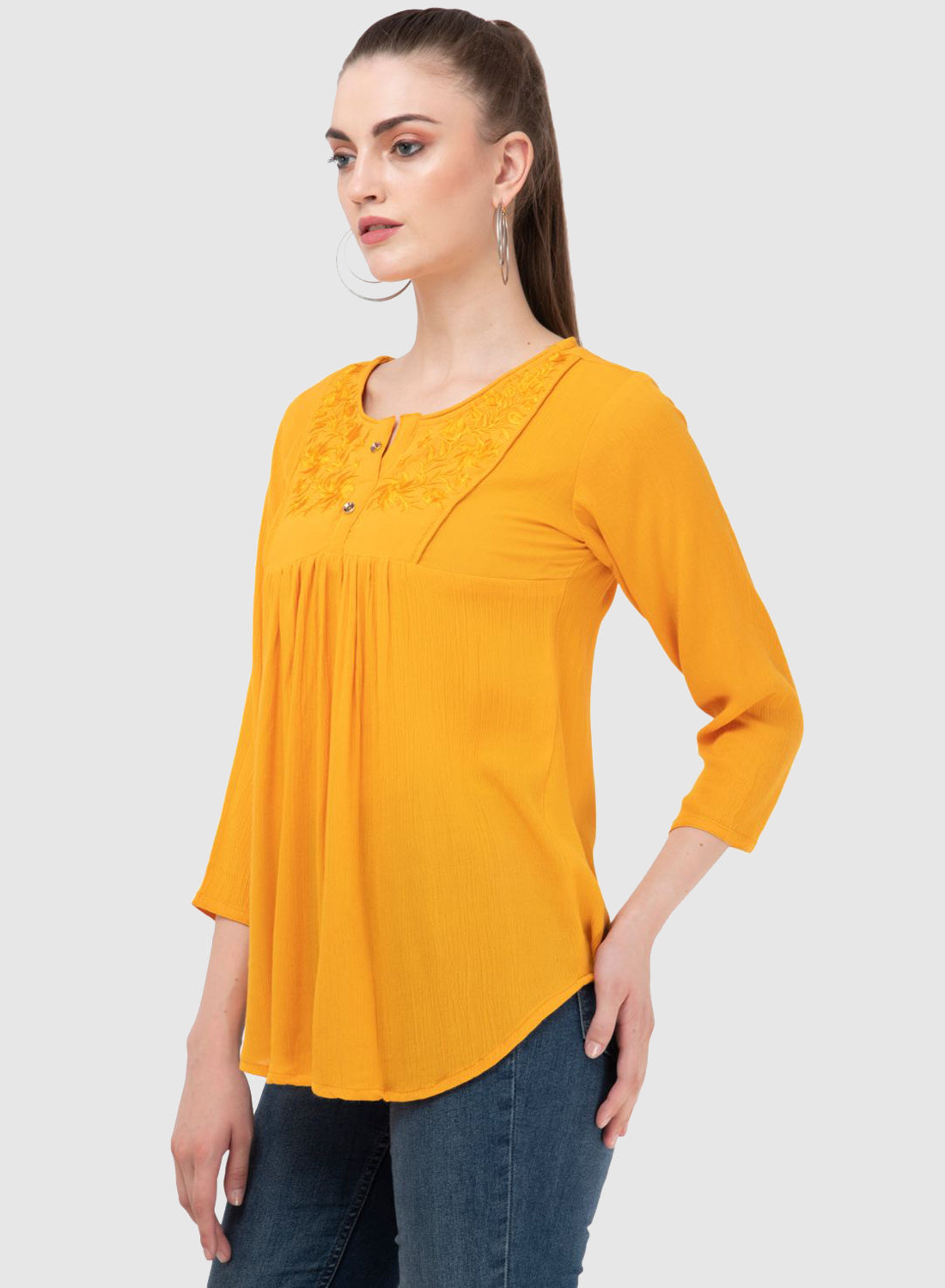 Women Top Yellow Regular Fit and Flare 3/4 Sleeve