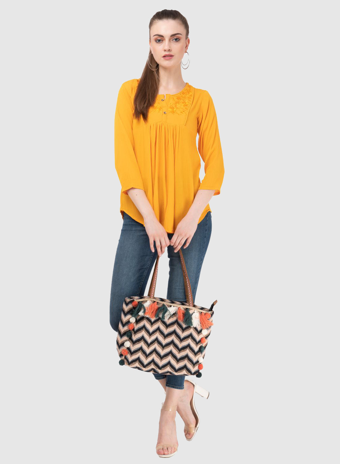 Women Top Yellow Regular Fit and Flare 3/4 Sleeve