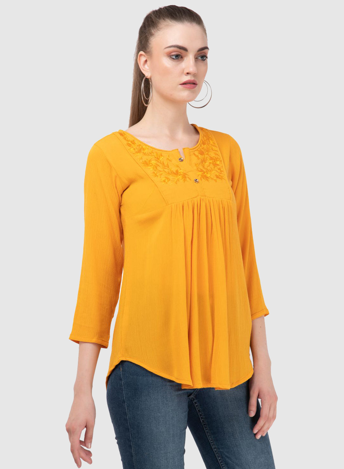 Women Top Yellow Regular Fit and Flare 3/4 Sleeve