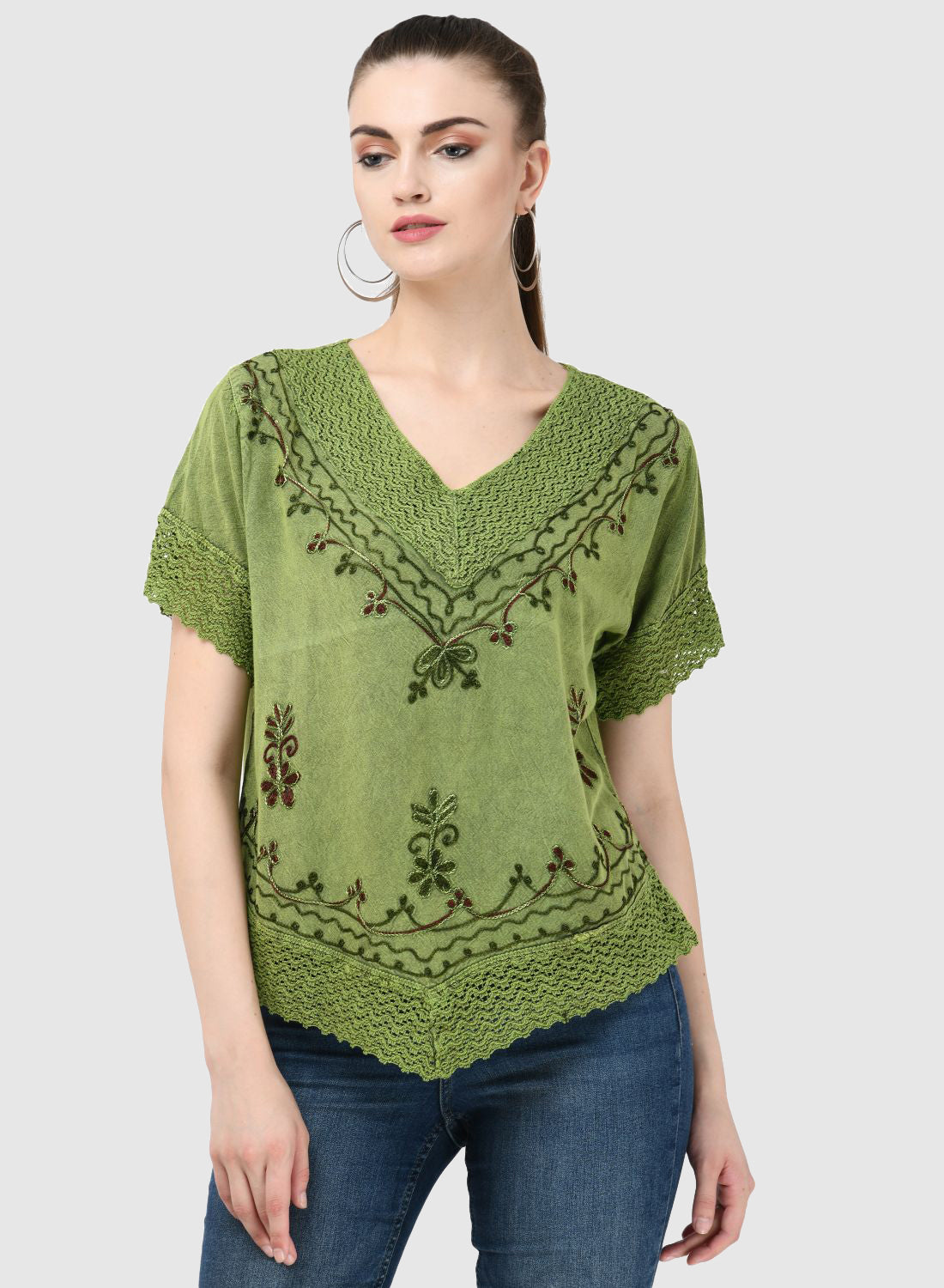Women Top Green Regular Fit Half Sleeve Embroidery Work