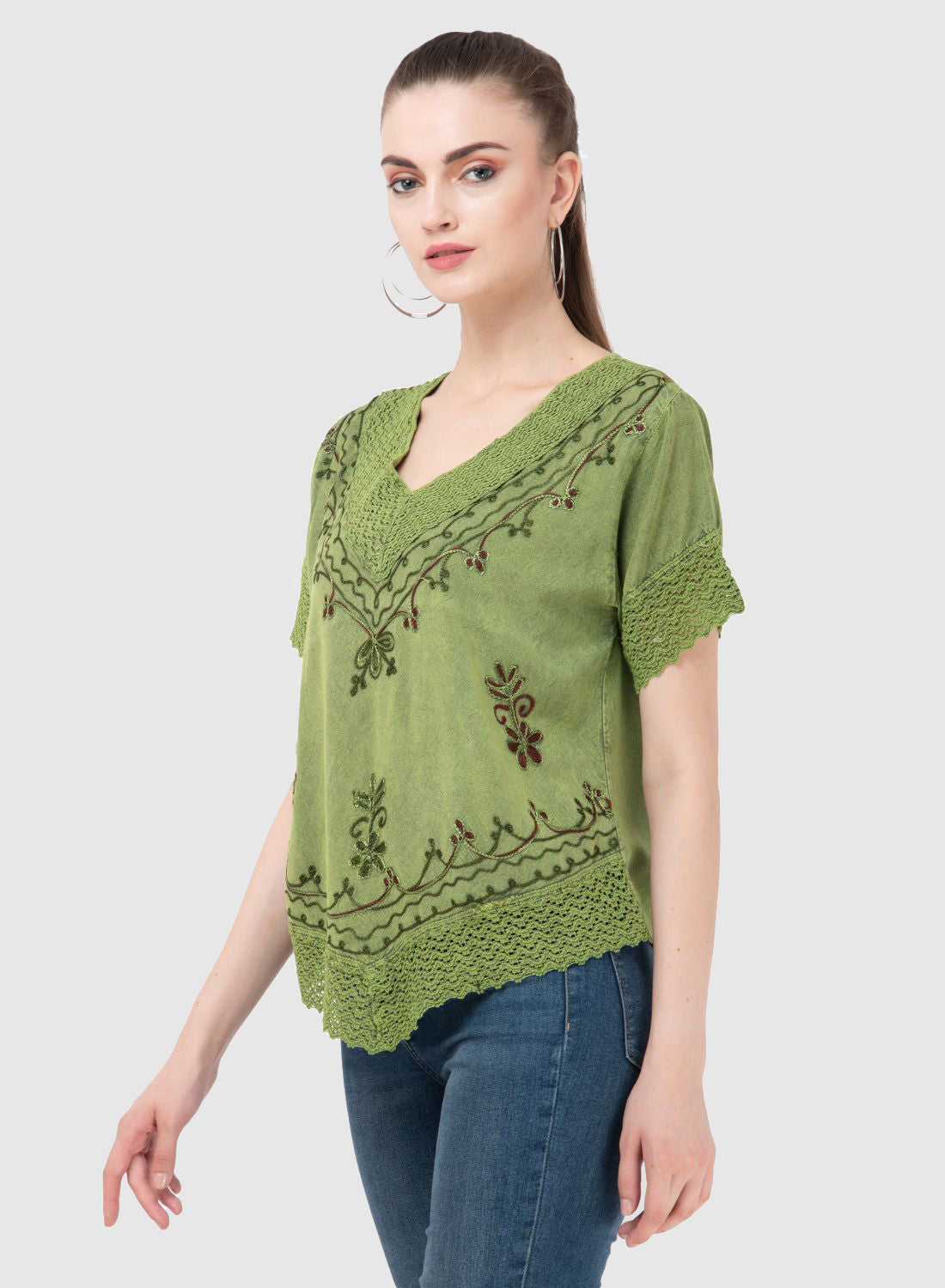 Women Top Green Regular Fit Half Sleeve Embroidery Work