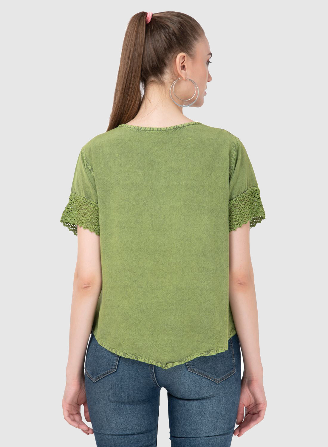 Women Top Green Regular Fit Half Sleeve Embroidery Work