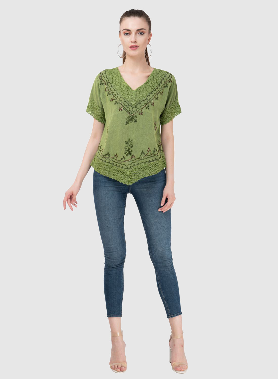 Women Top Green Regular Fit Half Sleeve Embroidery Work