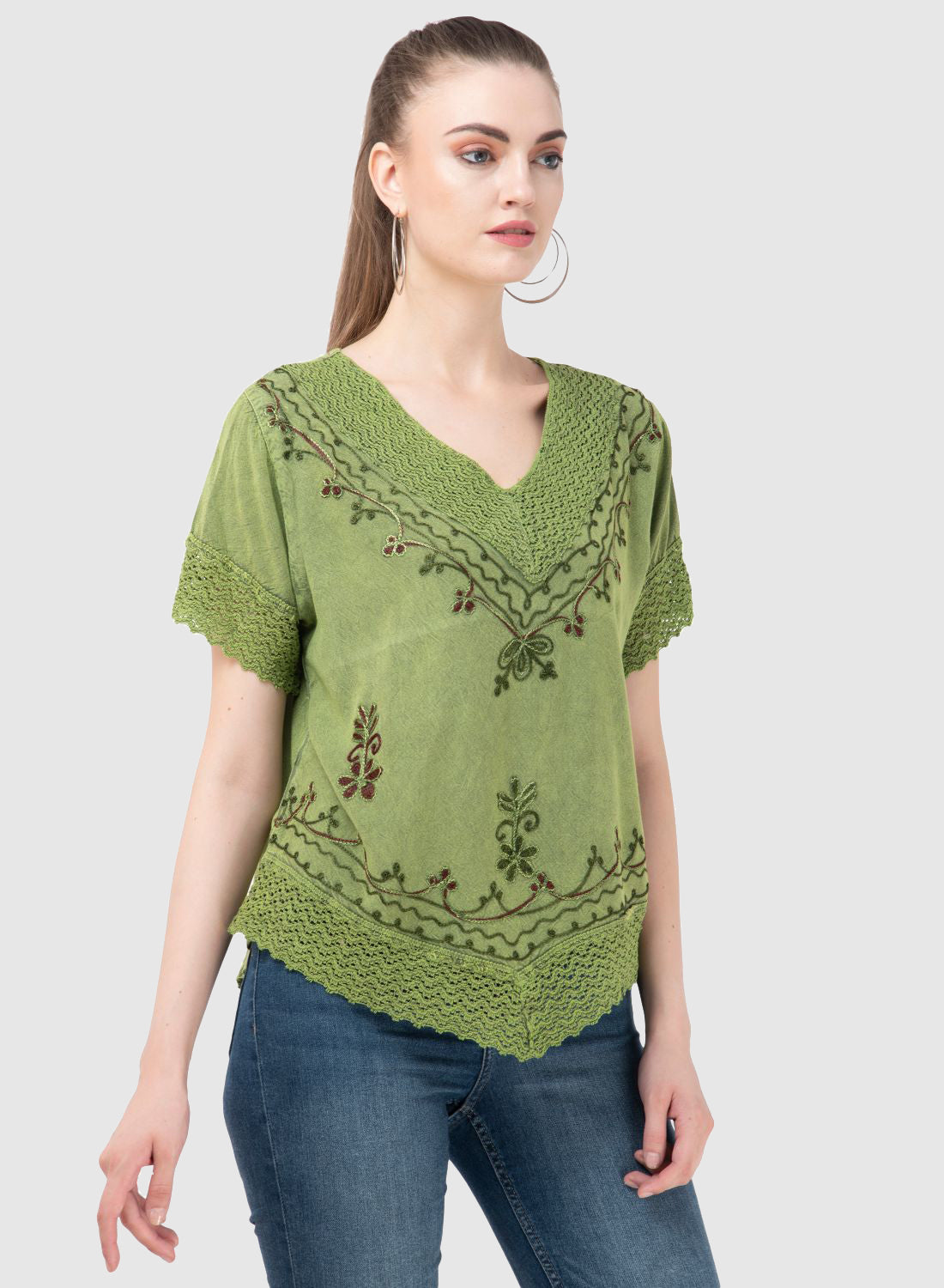 Women Top Green Regular Fit Half Sleeve Embroidery Work