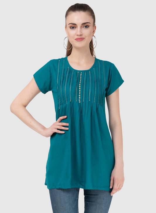 Women Top P Blue Casual Regular Fit and Flare Half Sleeve Embroidery Work