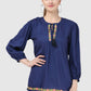 Women Top Blue Regular Fit Puff 3/4 Sleeve Embroidery Work