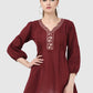 Women Top Maroon Regular Fit and Flare 3/4 Puff Sleeve Embroidery Work
