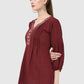 Women Top Maroon Regular Fit and Flare 3/4 Puff Sleeve Embroidery Work