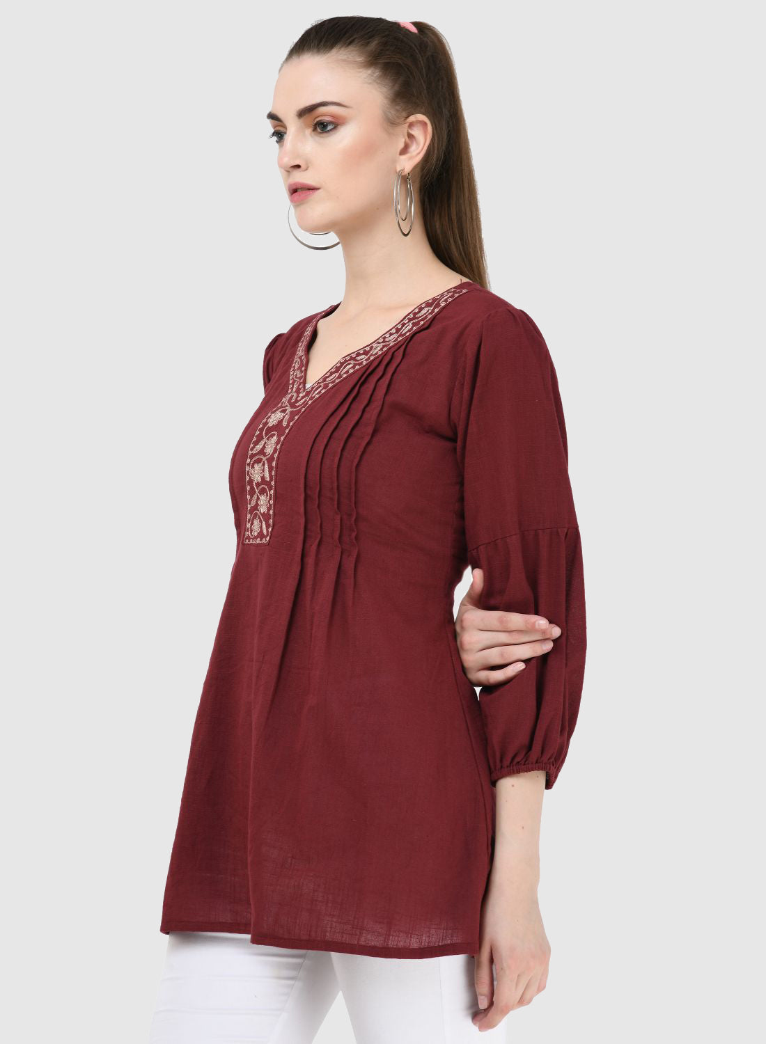 Women Top Maroon Regular Fit and Flare 3/4 Puff Sleeve Embroidery Work