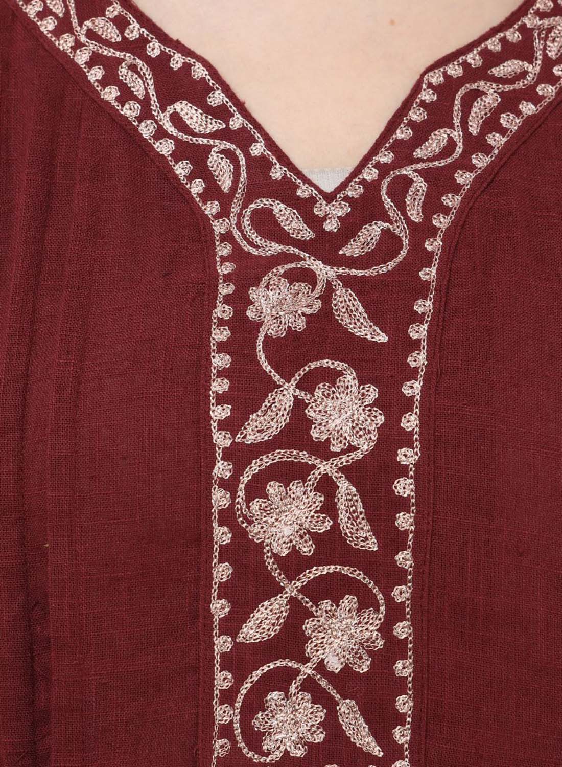 Women Top Maroon Regular Fit and Flare 3/4 Puff Sleeve Embroidery Work