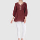 Women Top Maroon Regular Fit and Flare 3/4 Puff Sleeve Embroidery Work