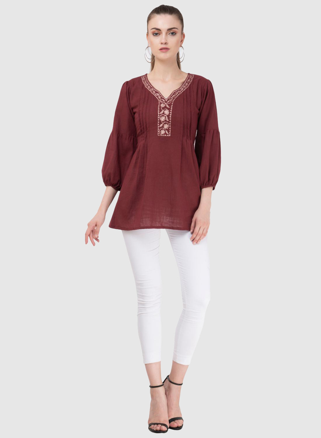 Women Top Maroon Regular Fit and Flare 3/4 Puff Sleeve Embroidery Work