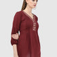 Women Top Maroon Regular Fit and Flare 3/4 Puff Sleeve Embroidery Work
