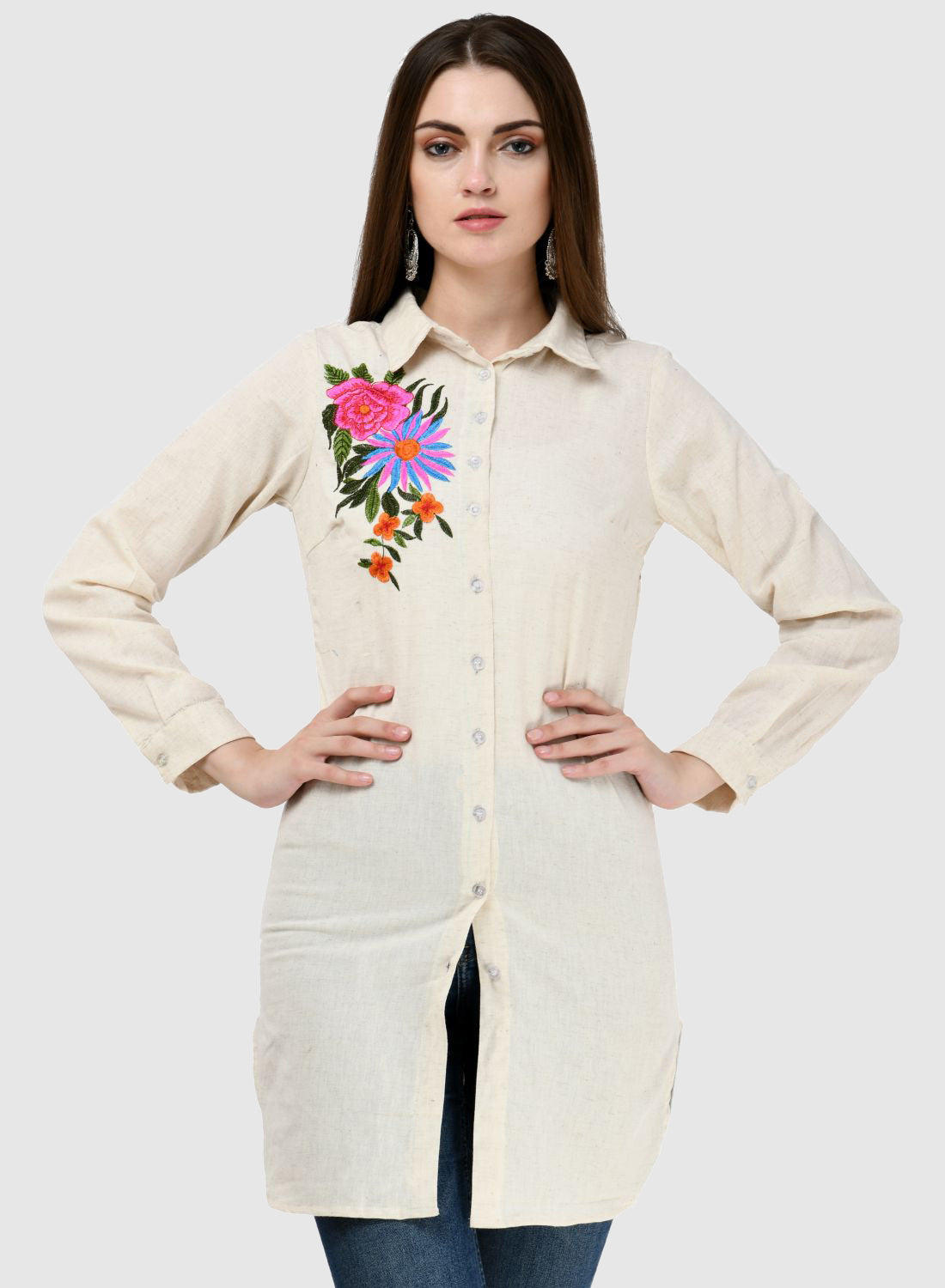 Women Top White Tunic Regular Fit Full Sleeve Embroidery Work