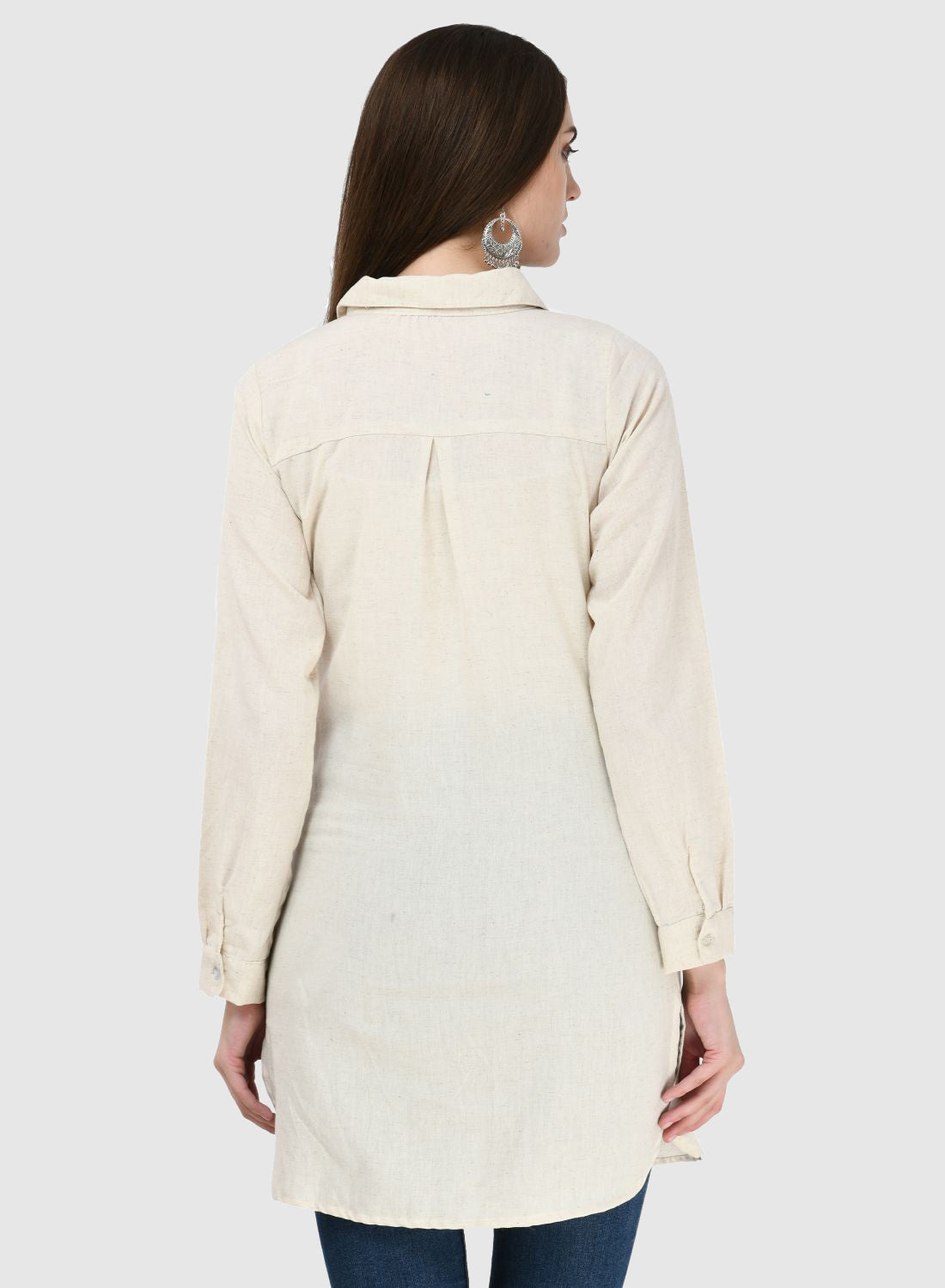 Women Top White Tunic Regular Fit Full Sleeve Embroidery Work