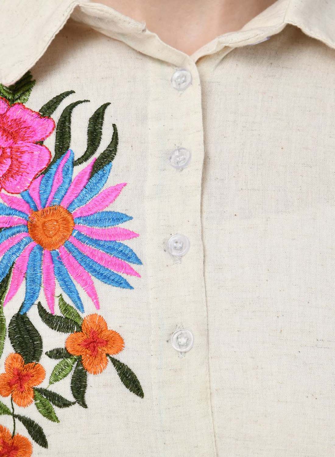 Women Top White Tunic Regular Fit Full Sleeve Embroidery Work