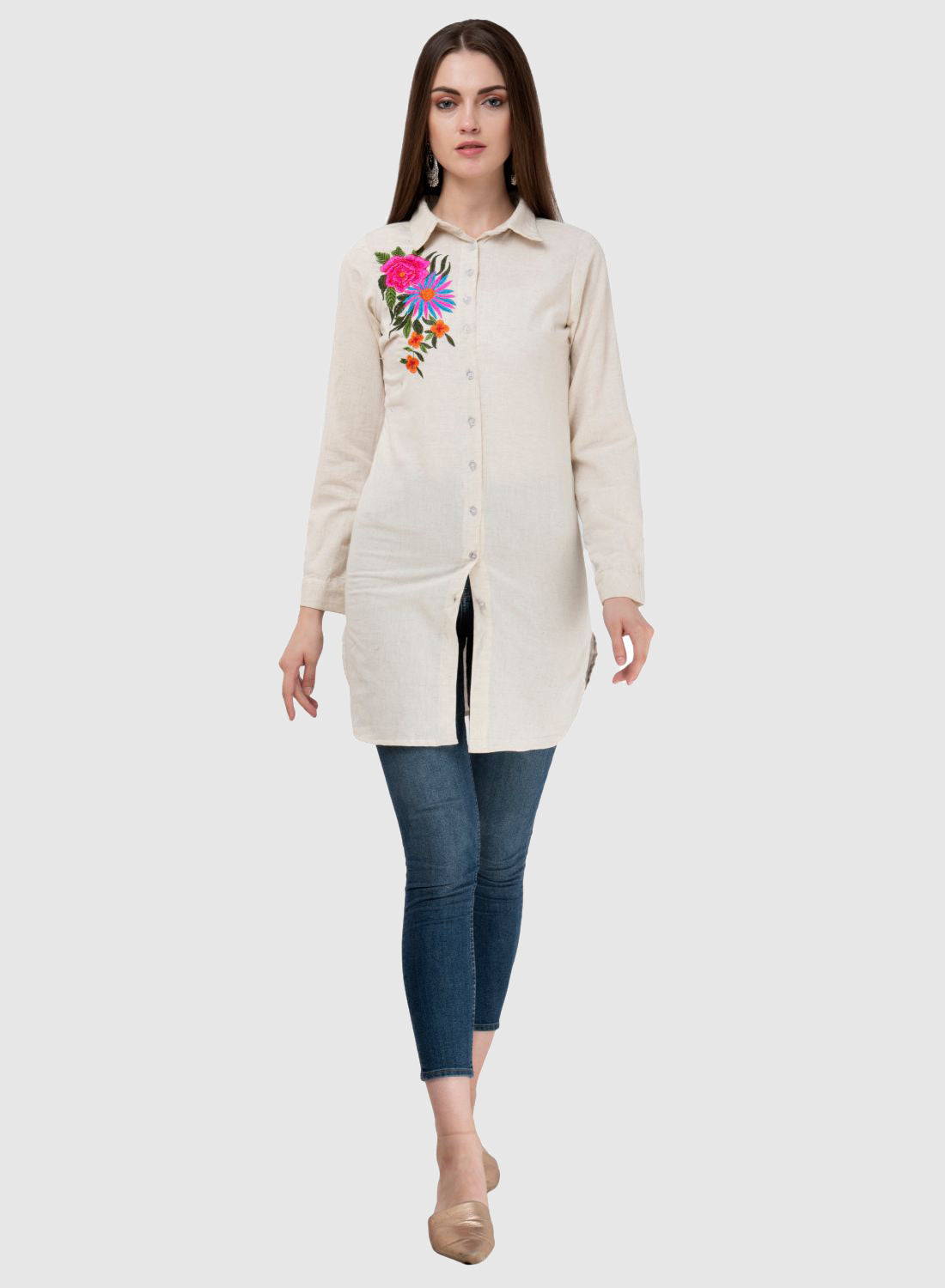 Women Top White Tunic Regular Fit Full Sleeve Embroidery Work