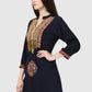 Women Top Blue Casual Regular Fit 3/4 Sleeve Embroidery Work