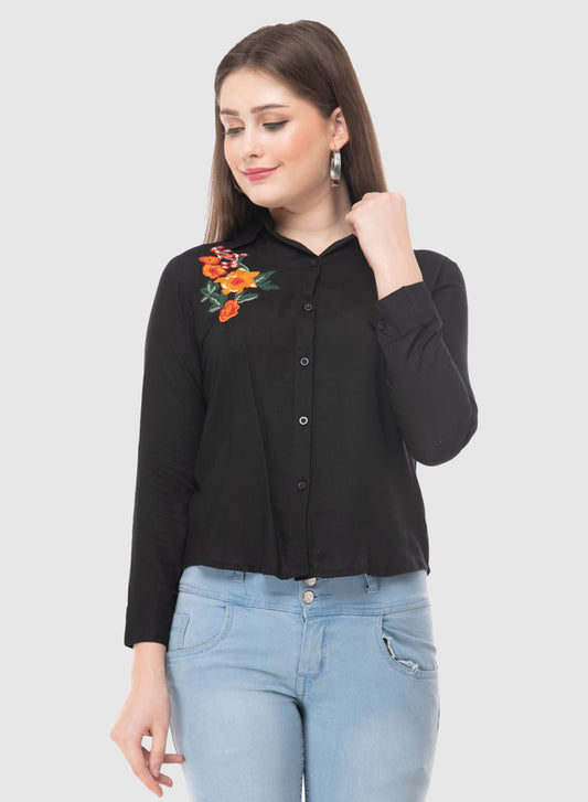 Women Top Brown Casual Regular Fit Full Sleeve Embroidery Work