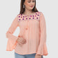 Women Top Pink Casual Regular Fit Bell Sleeve Embroidery Work