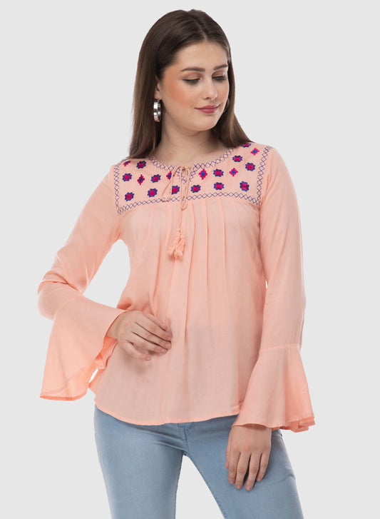 Women Top Pink Casual Regular Fit Bell Sleeve Embroidery Work