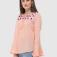 Women Top Pink Casual Regular Fit Bell Sleeve Embroidery Work