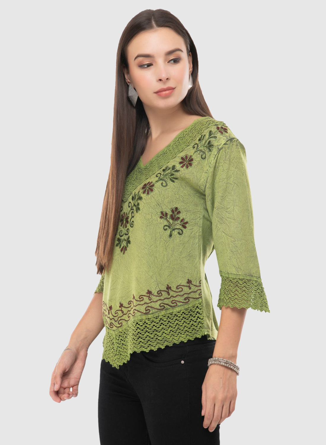 Women Top Green Casual Regular Fit 3/4 Sleeve Embroidery Work