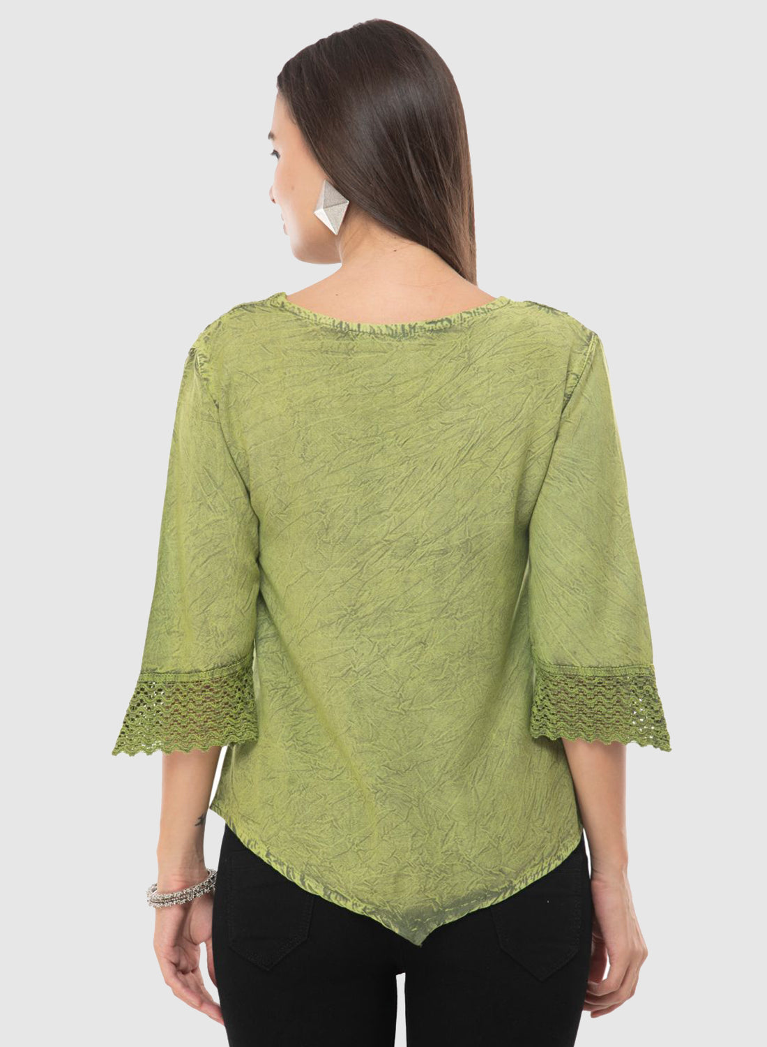 Women Top Green Casual Regular Fit 3/4 Sleeve Embroidery Work