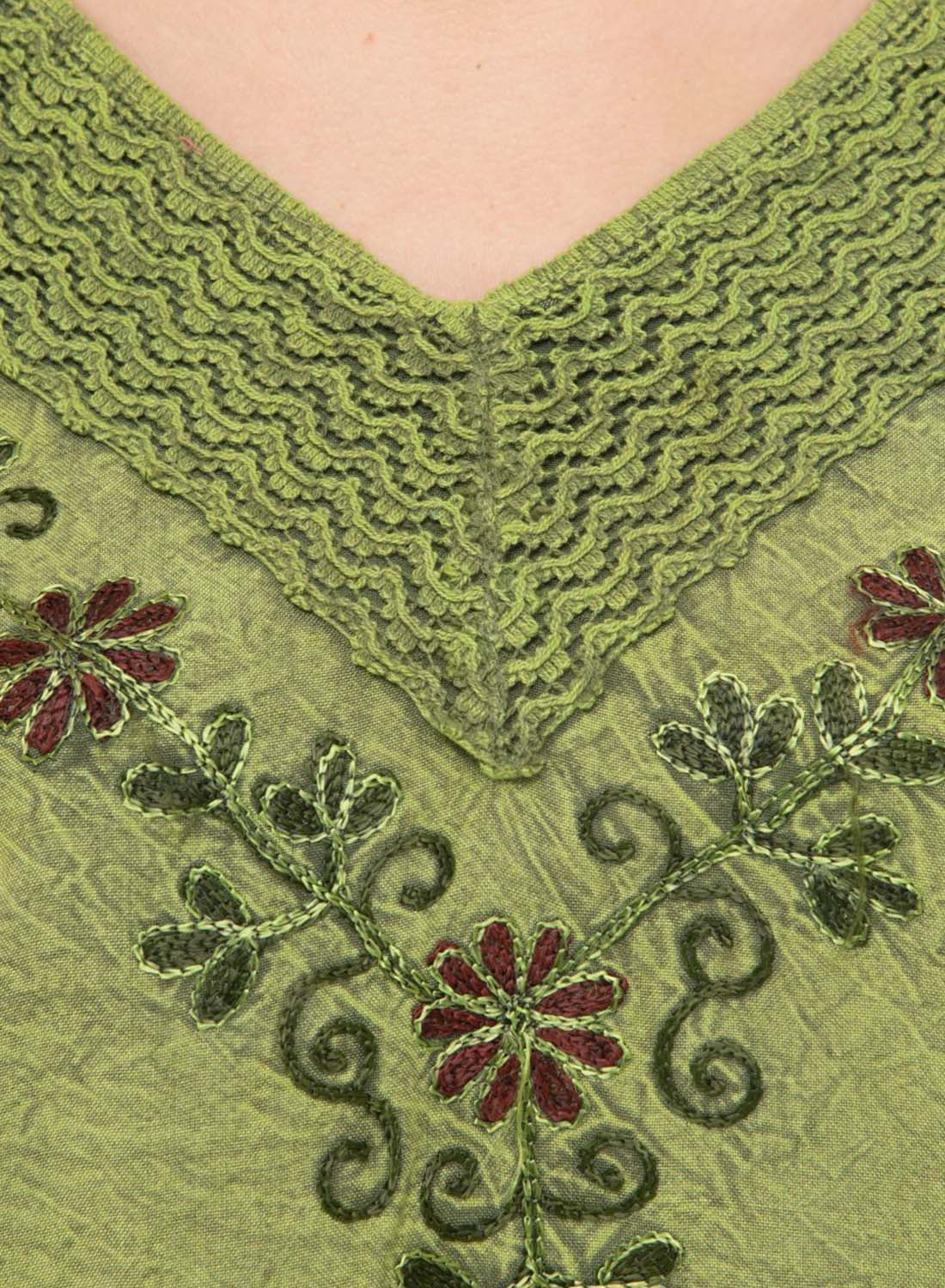 Women Top Green Casual Regular Fit 3/4 Sleeve Embroidery Work